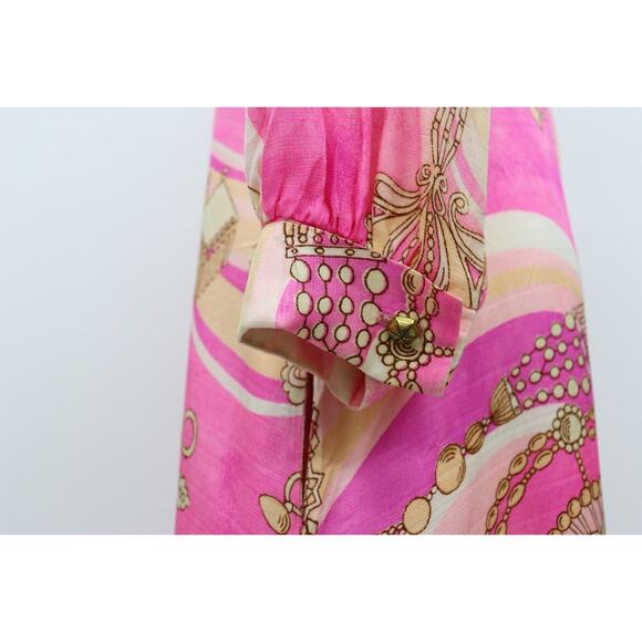 Vintage DELA-ANN Novelty Pink Glam Jewelry Print Lounge Kaftan Dress 1960's M - Picture 13 of 16